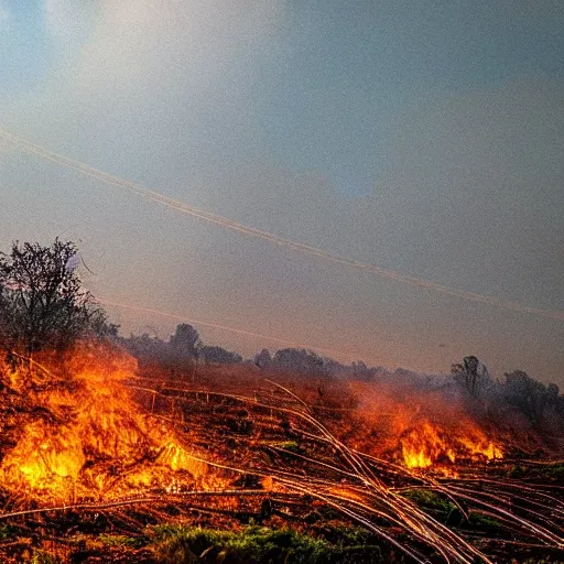 Image similar to biodiversity spawned from the ashes of spiralling dust and fire emerging from the huge valley piles of wires an cable litter the landscape , volumetric lighting shines through the smoke filled sky