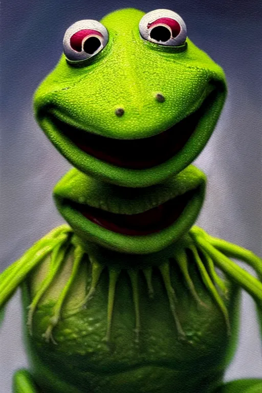 Image similar to a beautiful oil painting hyperrealism of a happy smiling kermit the frog head, green bulging eyes, rotten green skin, grey beard, blue veins, skull bones, moody lighting, 8 k resolution, octane render, trending on artstation, by h. r. giger and greg rutkowski