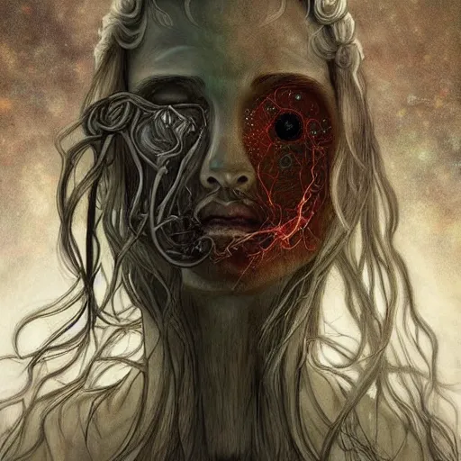 Prompt: long haired transcendent eldritch being, beautiful tears, cosmic imagery, intense emotion, emotional concept art, photography hyperrealism, detailed eyes, glitch! art