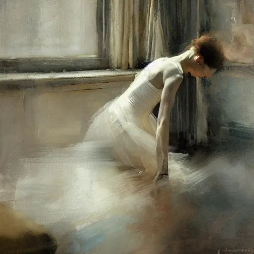 Prompt: the lone ballerina in the soft window light, by jeremy mann, anders zorn.