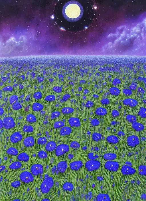 Image similar to detailed, intricate blue black and purple papaverum flower on the field, nebula, galaxy in the sky, winning award masterpiece, fantastically beautiful, illustration, aestheticly inspired, jacek yerka, upscale with anguissola sofonisba work, artstation, 8 k