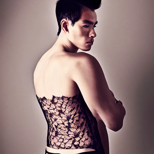 Image similar to a portrait of a beautiful young male wearing an alexander mcqueen bodysuit made of silk lace , photographed by andrew thomas huang, artistic
