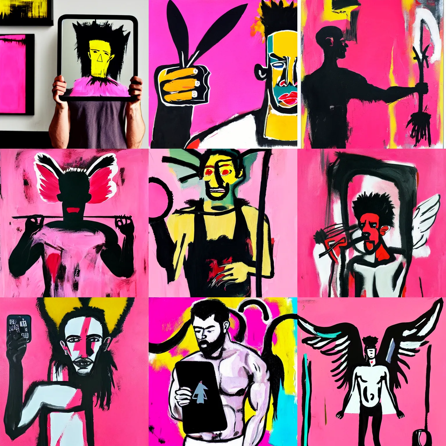 Image similar to A mirror selfie of a handsome muscular man with white angel wings and black devil horns, holding iPhone, pitchfork, pink background, abstract Basquiat oil painting with thick paint strokes