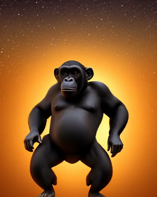 Prompt: very detailed high resolution illustration of a fat chimpanzee, backlit, stars, night, surrounded, 3 d, 8 k, extremely detailed, artstation, award winning