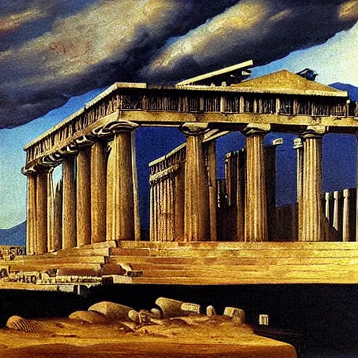 Prompt: A artwork of Acropolis at the end of the world by de Chirico.