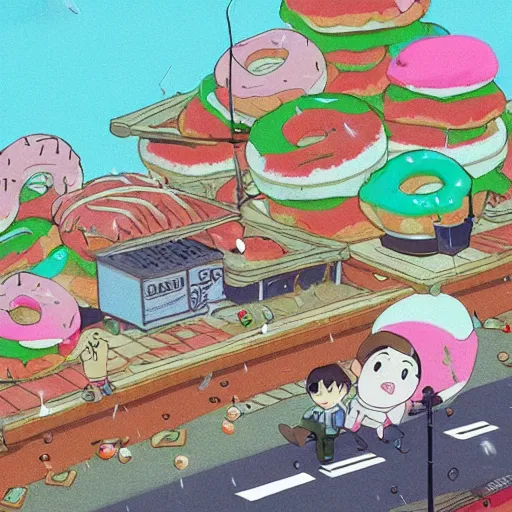 Image similar to raining donuts on a city in a studio ghibli animation