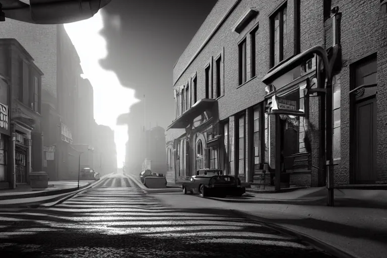 Image similar to still photo of a 1 9 0 0 s street, film noir, black and white color aesthetic, highly detailed, photorealistic portrait, bright studio setting, studio lighting, crisp quality and light reflections, unreal engine 5 quality render