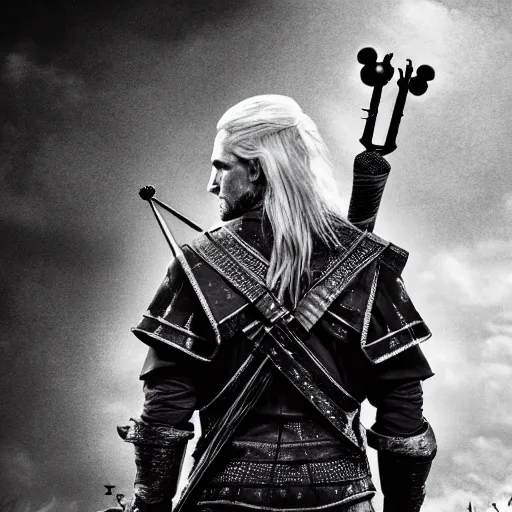 Image similar to mickey mouse as the witcher, cinematic, dark, sharp focus, black and white, highly detailed, portrait