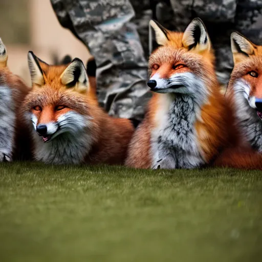 Image similar to a group of fox animals dressed in modern american military soldier uniforms, foxes laughing at a computer, 8 5 mm f / 1. 4