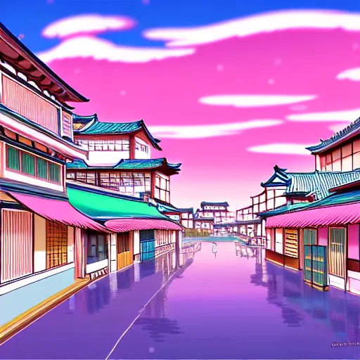 Image similar to A japanese town with pink sky, cozy town, anime wallpaper, Hirohiko Araki, Hirohiko Araki artwork, araki art, 4K