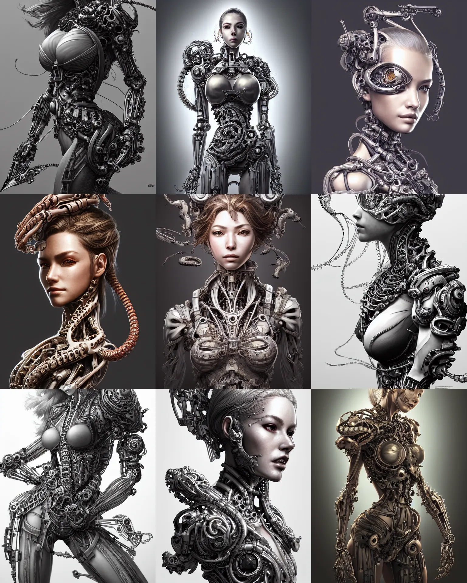 Prompt: the portrait of stunning female biomechanical super soldier absurdly beautiful, gorgeous, elegant, an ultrafine hyperdetailed illustration by kim jung gi, irakli nadar, artgerm, intricate linework, octopath traveler, final fantasy, unreal engine 5 highly rendered, global illumination, radiant light
