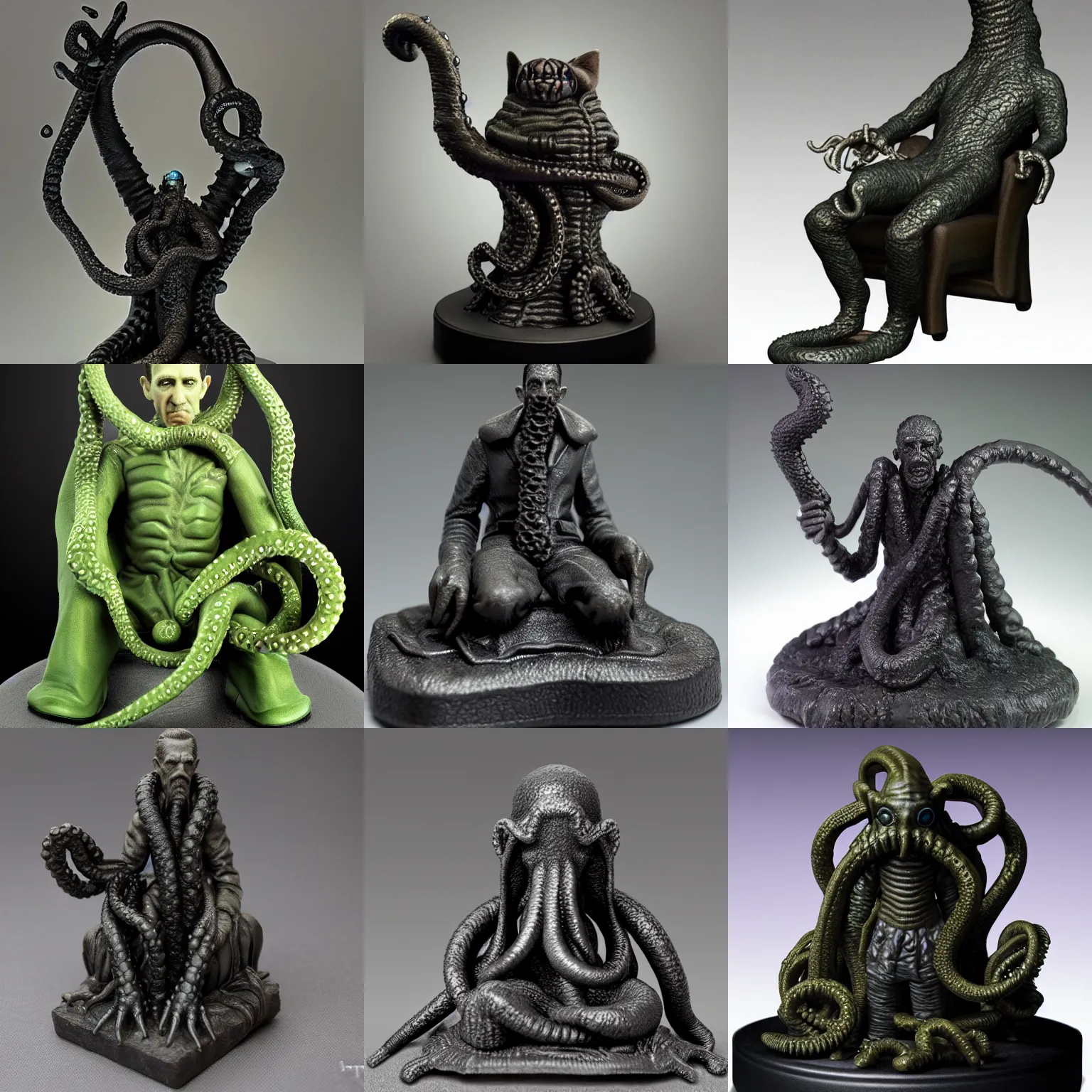 Prompt: 2 8 mm miniature statue howard phillips lovecraft, sitting in leather armchar, with cat on lap, big tentacle moves around, top - side view, black resin, black background, octane render