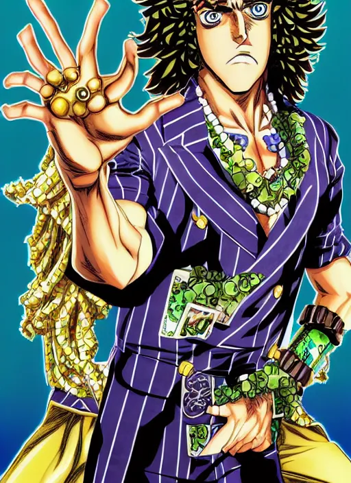 Image similar to JoJo's Bizarre Adventure Stand User Weird Al Yankovic, detailed manga illustration by Hirohiko Araki