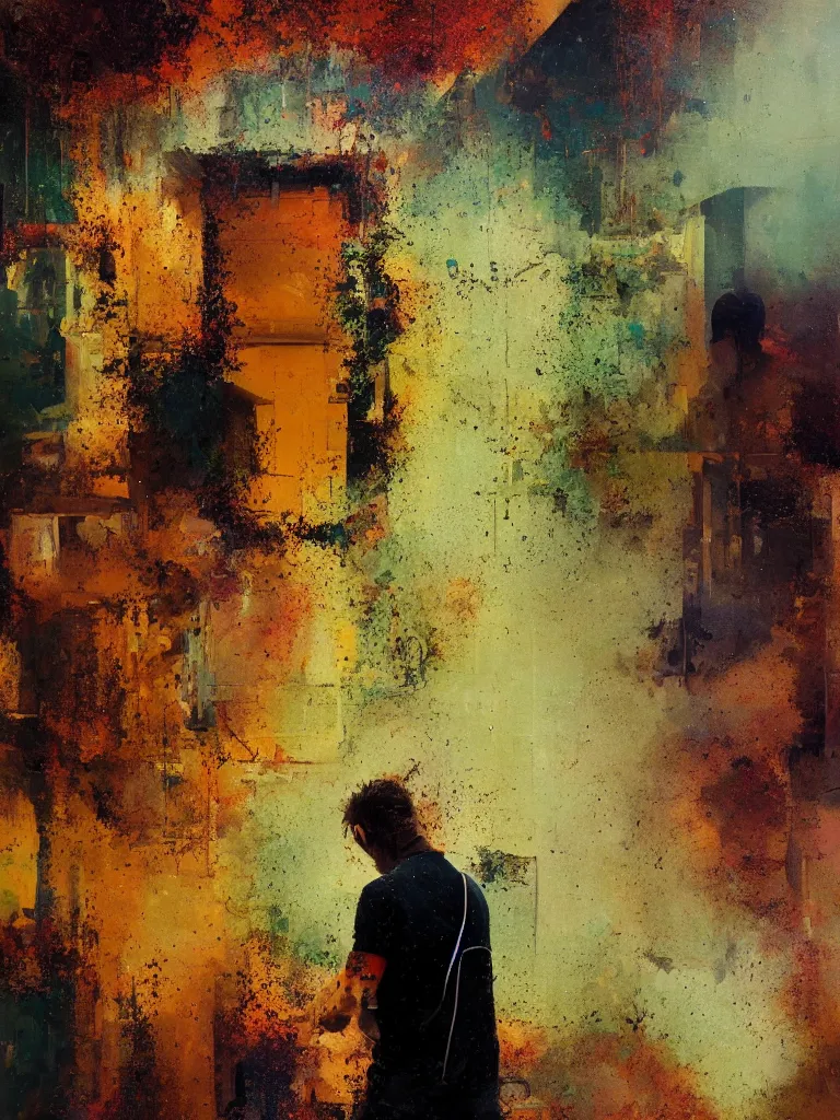 Prompt: a beautiful glitched oil painting by robert proch of a man standing with his phone in front of a bathroom mirror, color bleeding, pixel sorting, copper oxide and rust materials, brushstrokes by jeremy mann, cold top lighting