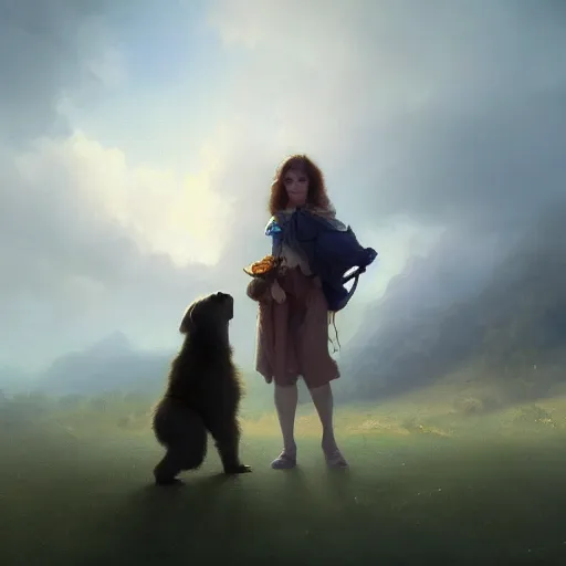 Prompt: cinematic shot epic portrait an female traveller pets a puppy near a village, sunny, cute, fluffy, broad light, ambient occlusion, volumetric light effect, made by ivan aivazovsky, peter mohrbacher, greg rutkowski, matte painting, trending on artstation, 4 k, perfectly defined features, digital painting, cinematic, epic, highly detailed,