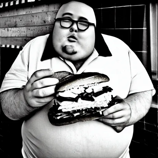 Image similar to a black and white film photograph of a fat man eating a sandwich. holga, lomo, lomography, retro, toy camera, film, tri - x, plus - x, vintage