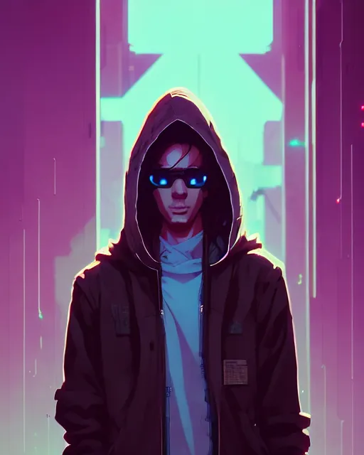 Image similar to cyberpunk synth, hyper - realistic portrait of a man in a hoodie, cyberpunk, anime style, by atey ghailan, by greg rutkowski, by greg tocchini, by james gilleard, by joe fenton, by kaethe butcher, dynamic lighting, gradient light blue, brown, cinematic lighting color scheme, sharp focus, grunge aesthetic