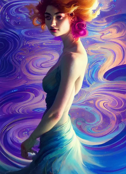 Image similar to side portrait, imogen poots, paladin, fantasy, gloomhaven, luminescent, tarot, organic painting, colorful swirly ripples, gaudy colors, by greg manchess, huang guangjian, gil elvgren, sachin teng, greg rutkowski, jesper ejsing, ilya kuvshinov