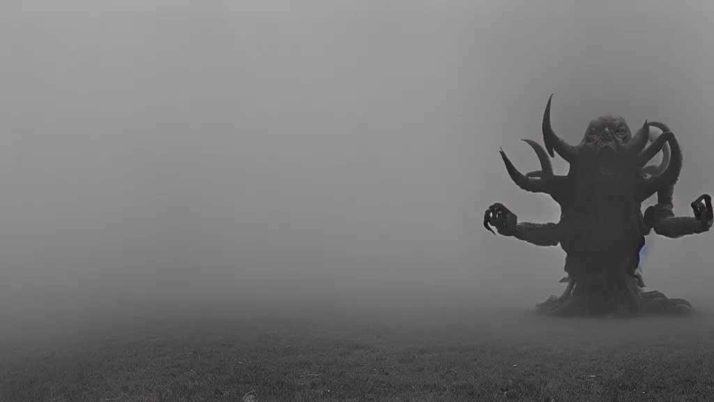 Image similar to vintage photography of a many-armed elder demon looming in fog