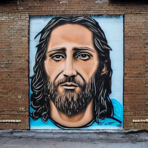 Prompt: Street-art portrait of Jesus in style of Banksy, photorealism