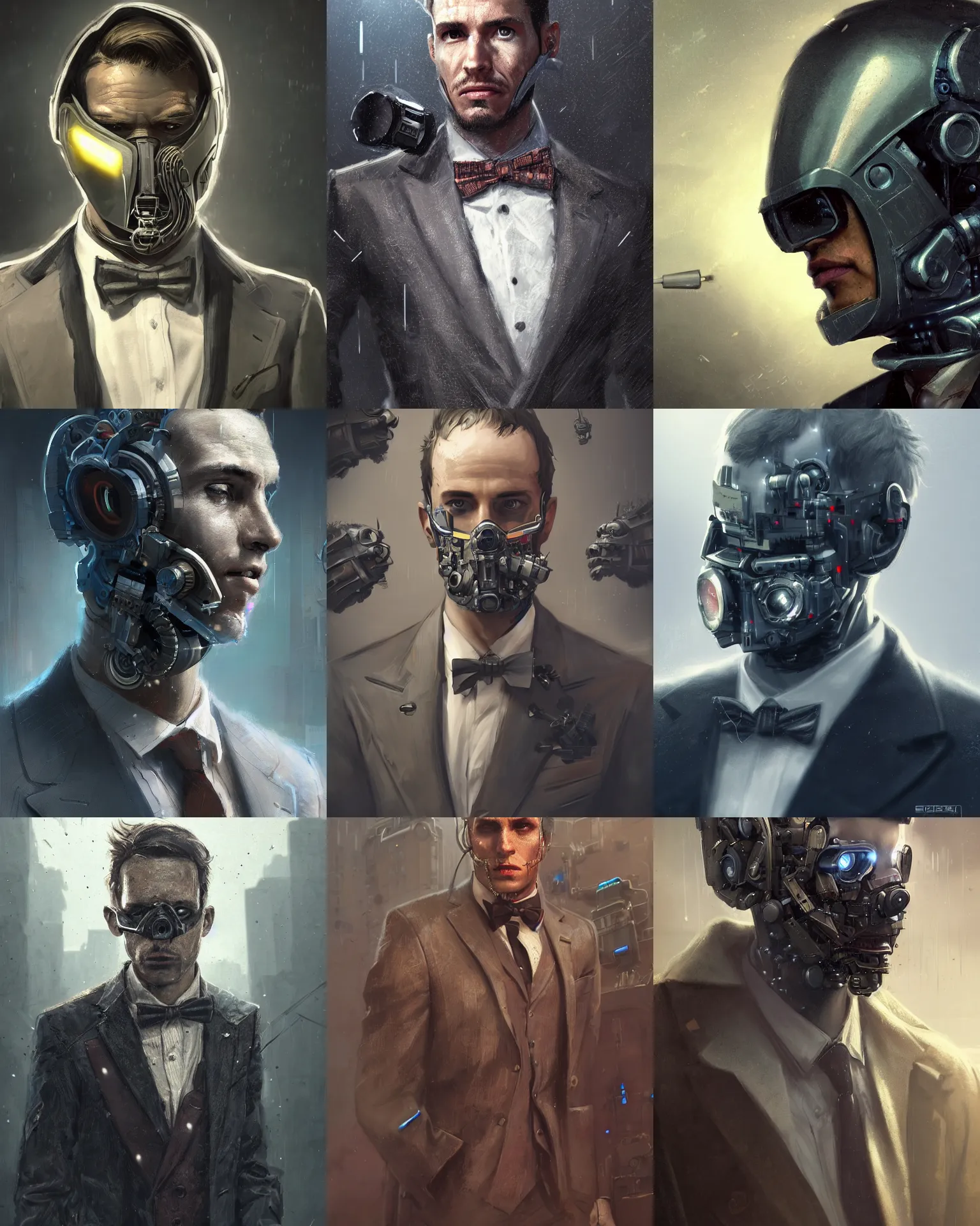 Image similar to a rugged young engineer man with cybernetic enhancements wearing a suit and bowtie, detailed face with mask, scifi character portrait by greg rutkowski, esuthio, craig mullins, 1 / 4 headshot, cinematic lighting, dystopian scifi gear, gloomy, profile picture, mechanical, half robot, implants, steampunk