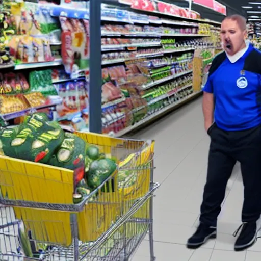 Image similar to a man terrified of entering an aldi supermarket, photo realistic