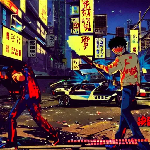 Prompt: 1991 Video Game Screenshot, Anime Neo-tokyo Cyborg bank robbers vs police shootout, bags of money, Police officer hit, Bullet Holes and Blood Splatter, Cyberpunk, Anime VFX, Violent, Action, MP5S, FLCL, Highly Detailed, 8k :4 by Katsuhiro Otomo + Studio Gainax + Arc System Works : 8