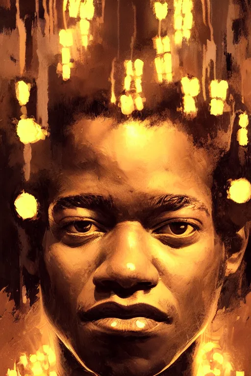 Prompt: portrait of jean basquiat, intricate, elegant, glowing lights, highly detailed, digital painting, artstation, sharp focus, illustration, art by wlop, mars ravelo and greg rutkowski