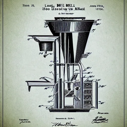 Image similar to plans for a horse - drawn coffee mill in the style of thomas edison. patent filing. detailed. hd