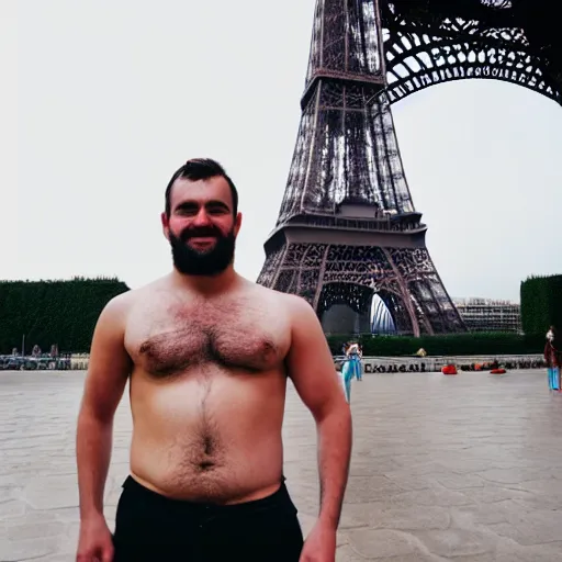 Prompt: shirtless man with big hairy black chest hair and! a camera in his hand! standing in front of the eiffel tower early in the morning, photorealistic, 4 k, good composition, beautiful, smooth, aesthetic,