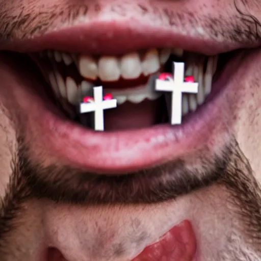 Image similar to photograph of smiling man with christian crosses inside his mouth, 8k resolution, high detail, ULTRA REALISTIC VFX, reflections