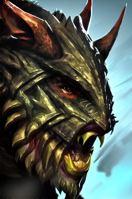 Prompt: Charr ranger of Guild Wars 2, concept art, close-up, digital art, hyper-realistic, highly detailed