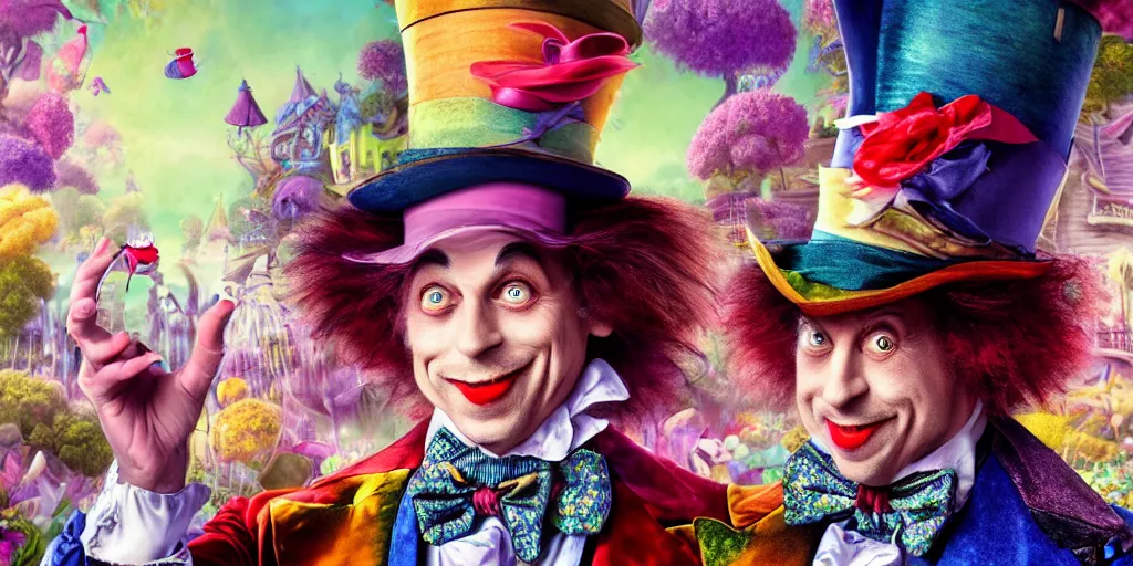 Prompt: The Mad Hatter, teaparty, alice in wonderland, colorful, wide angle, super highly detailed, professional digital painting, artstation, concept art, smooth, sharp focus, no blur, no dof, extreme illustration, Unreal Engine 5, Photorealism, HD quality, 8k resolution, cinema 4d, 3D, beautiful, cinematic, art by artgerm and greg rutkowski and alphonse mucha and loish and WLOP