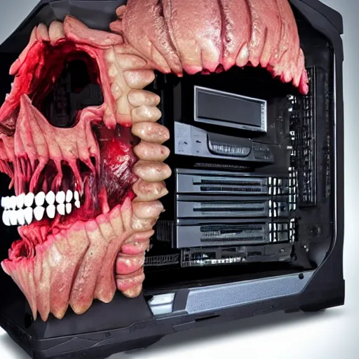 Image similar to a pc made out of flesh, muscle, guts, blood, teeth, skinned,