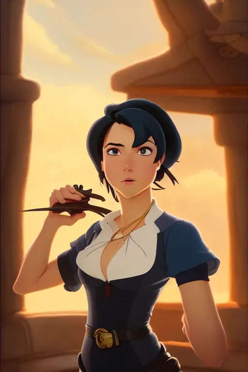 Prompt: animation still frame of an attractive female pirate ( short black hair ), high angle closeup portrait, blurry background of the library, disney, pixar, bloom, medium shot, dramatic lighting, in the style of studio ghibli, j. c. leyendecker, greg rutkowski, artgerm