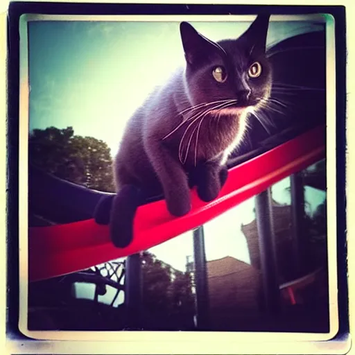 Prompt: black cat on top of a rollercoaster. focus on cats face. sunlight. polaroid photo. bright colors.