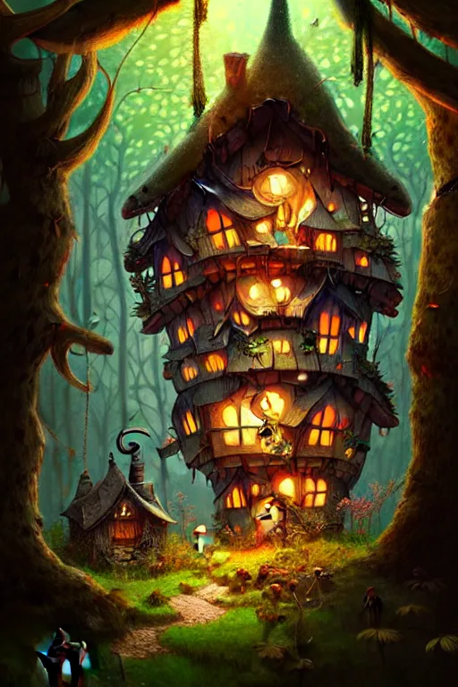 Image similar to a storybook illustration of a ramshackle multistory fairytale hut in the forest, intricate, elegant, fantasy, highly detailed, digital painting, concept art, sharp focus, artstation