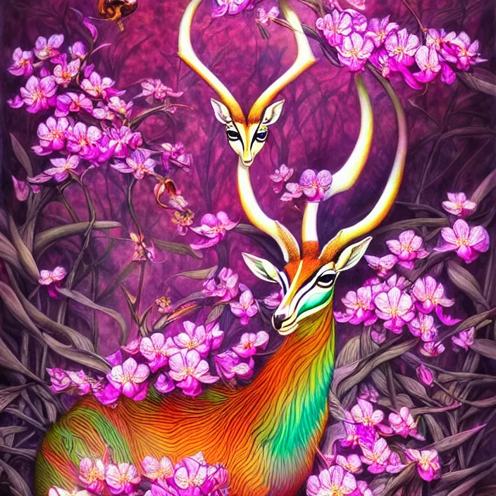 Image similar to extremely psychedelic gazelle made of orchid and cherry blossom tree and mushroom, LSD, diffuse lighting, fantasy, intricate, elegant, highly detailed, lifelike, photorealistic, digital painting, artstation, illustration, concept art, smooth, sharp focus, art by John Collier and Albert Aublet and Krenz Cushart and Artem Demura and Alphonse Mucha