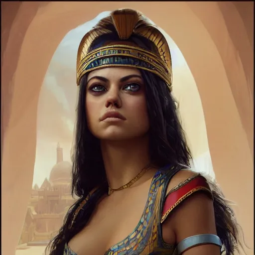 Prompt: a closeup portrait of a young mila kunis as cleopatra, gorgeous view, pyramid background, masterpiece, illustration by artgerm and greg rutkowski and alphonse mucha, digital art, trending on artstation