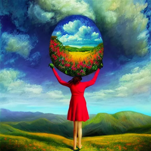 Image similar to giant flower head, frontal, woman standing on mountain, surreal photography, stormy sky, colorful clouds, impressionist painting, digital painting, artstation, rob gonsalves