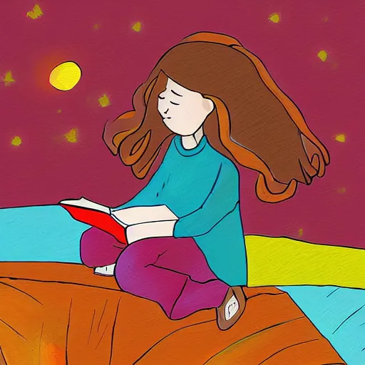 Image similar to a girl reading a book, digital art, children's book style, colourful, illustration