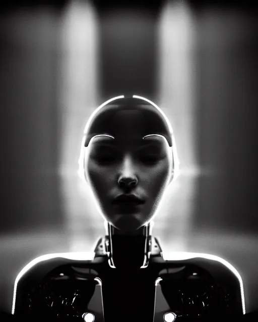 Image similar to black and white high quality photo of a beautiful female human-cyborg looking into a sci-fi mirror, volumetric lighting, liminal space, brutalism, foggy, dreamy, hyperdetailed, bokeh, photorealistic, cinematic, masterpiece, Metropolis, elegant, dark, octane render, 8K, in the style of H.R. Giger