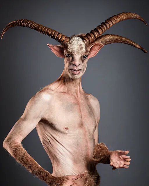 Prompt: actor Doug Jones in Elaborate Pan Satyr Goat Man Makeup and prosthetics designed by Rick Baker, Hyperreal, Head Shots Photographed in the Style of Annie Leibovitz, Studio Lighting
