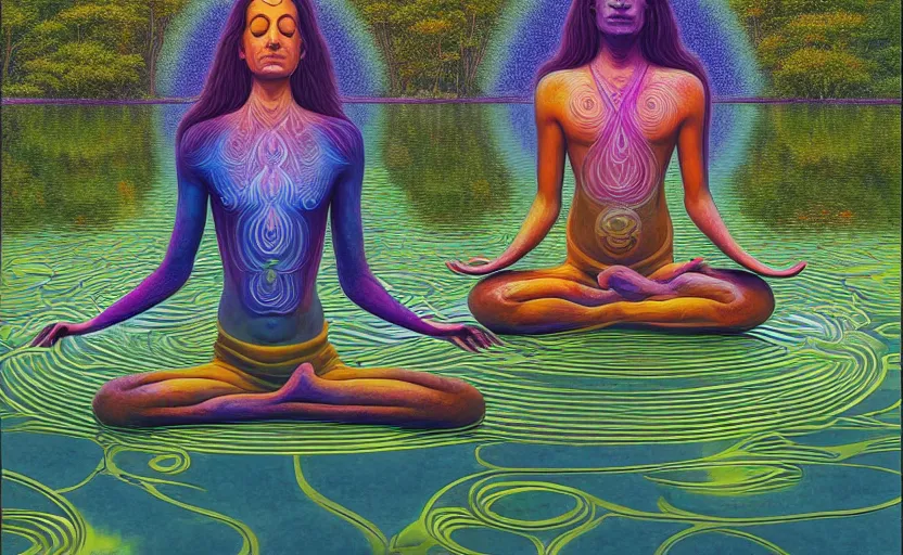 Prompt: psychedelic yogi meditating in the lotus position, levitating over reflecting pool hd by Greg rutkowski and Alex grey