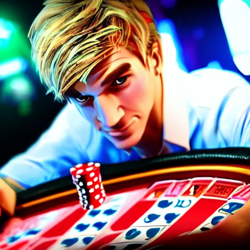 Image similar to film still of xqc gambling in Vegas, 4k, photorealism, artstation style