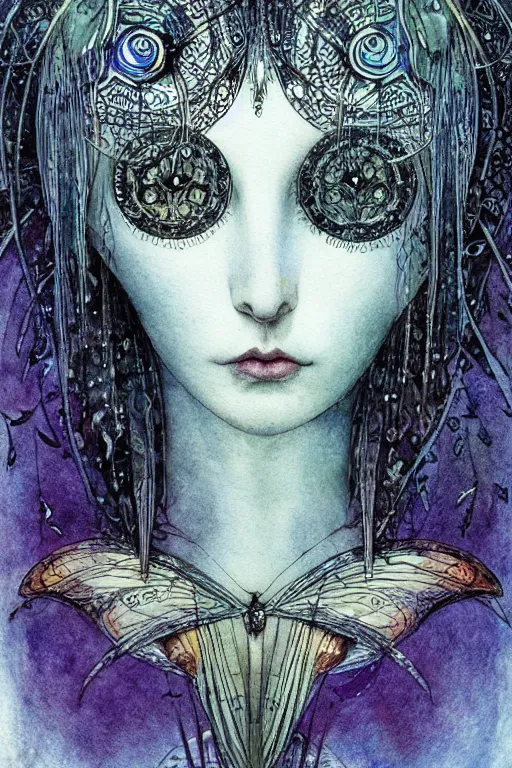 Image similar to dark fairy face closeup surrounded circular frame of moth wings, art by luis royo and walter crane and kay nielsen, watercolor illustration, ultra sharp focus