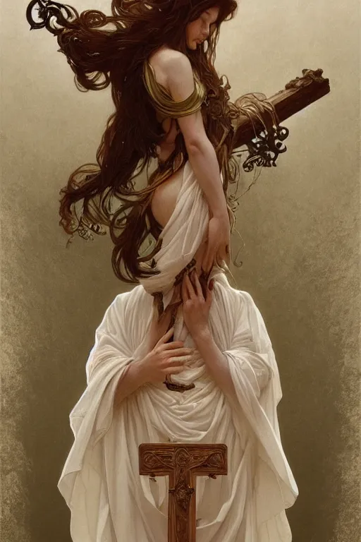 Image similar to a full body portrait of a beautiful ethereal delicate roman catholic bishopress meditative sacral pose catholic stages of the cross, intricate, elegant, highly detailed, digital painting, artstation, concept art, smooth, sharp focus, illustration, art by krenz cushart and artem demura and alphonse mucha