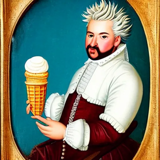 Prompt: a 1 6 0 0 s portrait painting of guy fieri holding an ice cream cone, intricate, elegant, highly detailed