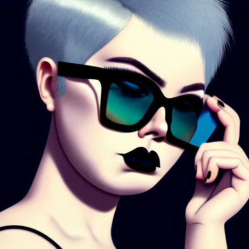 Prompt: realistic high key portrait photo of a beautiful chubby curvy pale alabaster goth girl with asymmetrical punk rock hair and badass euro design sunglasses hiding a secret. mole on cheek. half portrait by stanley artgerm, dramatic lighting, by nagel, shin jeongho, nick silva and ilya kuvshinov, deviantart, detailed character design, 8 k resolution