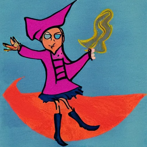 Prompt: colorful printmaking of a witch flying